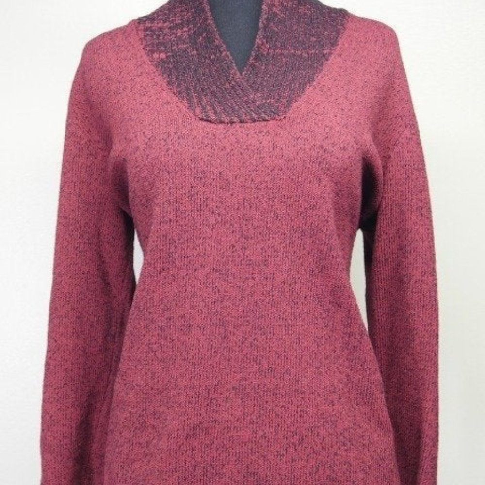 Duna Red Black Marled Handlomed Sweater Rolled Collar Leather Elbow Patches sz L